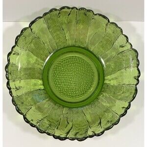 Vintage Green Glass Bowl Anchor Hocking? Sunflower Petals Scalloped Rim
